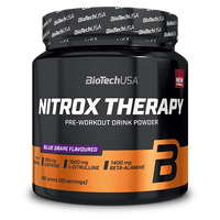 BioTechUSA Nitrox Therapy Pre-Training-Getränkepulver, mit Zucker und Süßungsmittel, Aminosäuren, Vitaminen und Mineralstoffen sowie 200 mg Koffein in einer Tagesration.