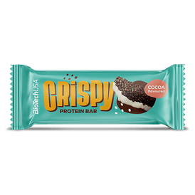 BioTechUSA Crispy Protein Bar – Knuspriger Proteinriegel mit Kakaogeschmack, unten mit weißer Kuvertüre überzogen, mit Milchprotein-Extrudat, Keksstücken, Zucker und Süßungsmitteln, glutenfrei.