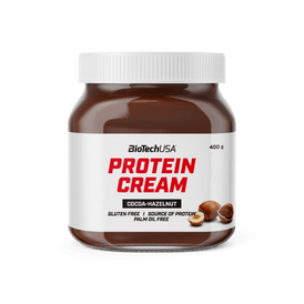Protein Cream ist unser molkenproteinhaltiger Kakao-Haselnuss-Aufstrich. Wir haben eine gluten- und palmölfreie Proteincreme entwickelt!